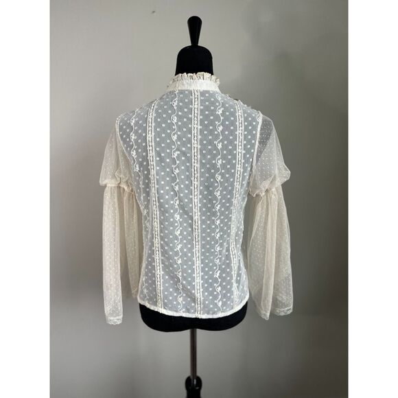 Vintage Women's Cream Lace Edwardian Inspired Sheer Lace Bell Sleeve Top Size S - Picture 4 of 8